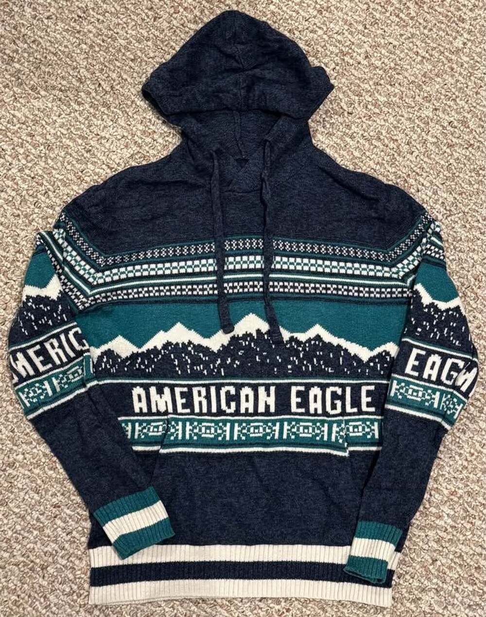 Holiday Winter Sweater Hoodie American Eagle Outfitters AE Size XS blue green Co